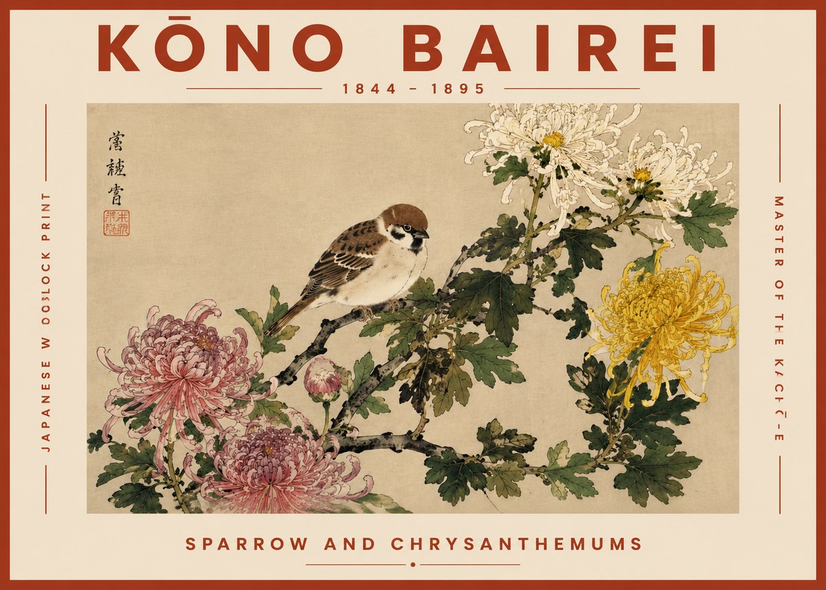 Kōno Bairei Sparrow and Chrysanthemums No6 - Plakat