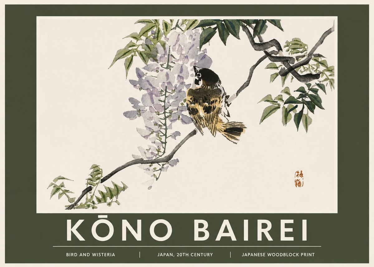 Kōno Bairei Wisteria and Bird No3 - Plakat