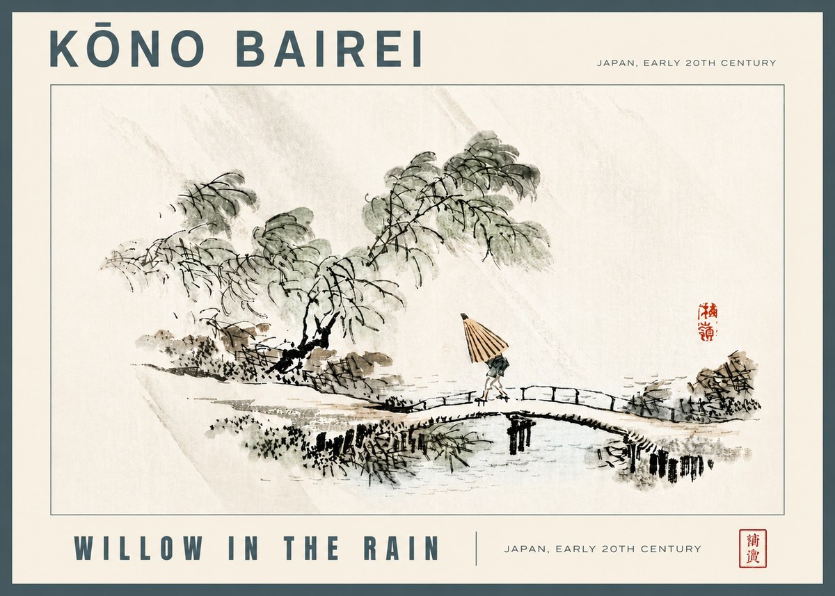 Kōno Bairei Willow in the Rain No5 - Plakat