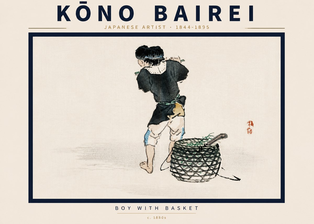 Kōno Bairei Boy with Basket No5 - Plakat