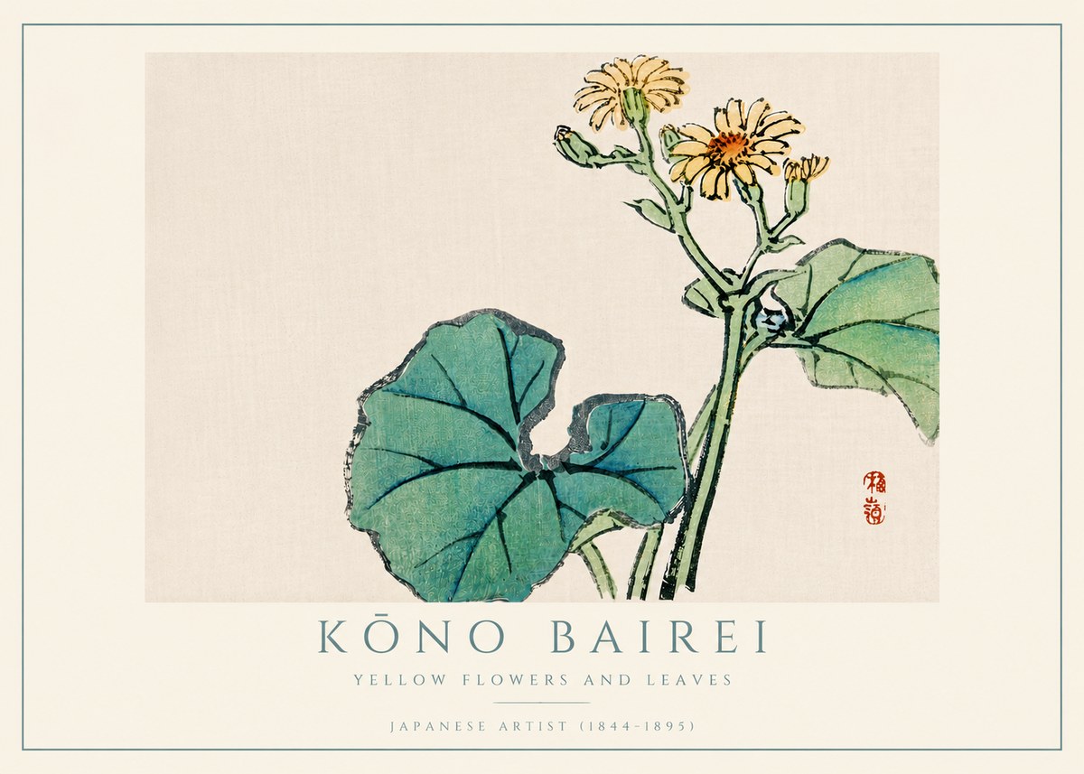 Kōno Bairei Yellow Flowers and Leaves No4 - Plakat