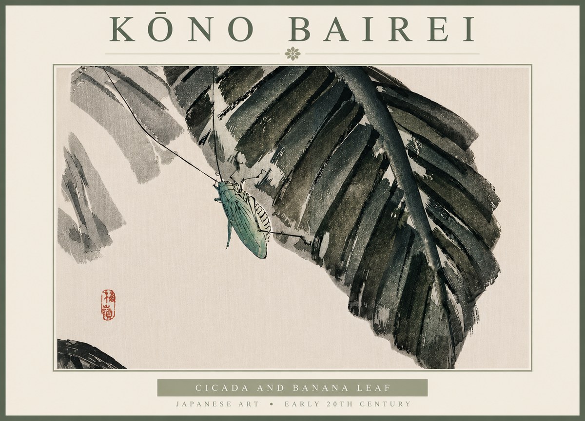Kōno Bairei Cicada and Banana Leaf No6 - Plakat