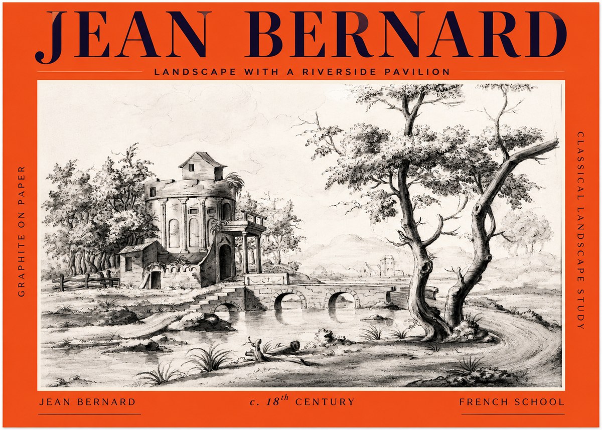 Jean Bernard Riverside Landscape with Bridge and Tower No3 - Plakat
