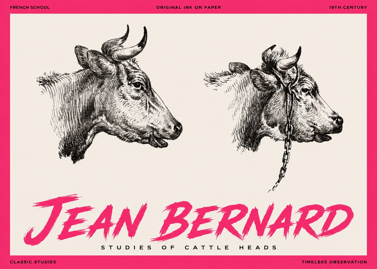Jean Bernard Studies of Cattle Heads No3 - Plakat