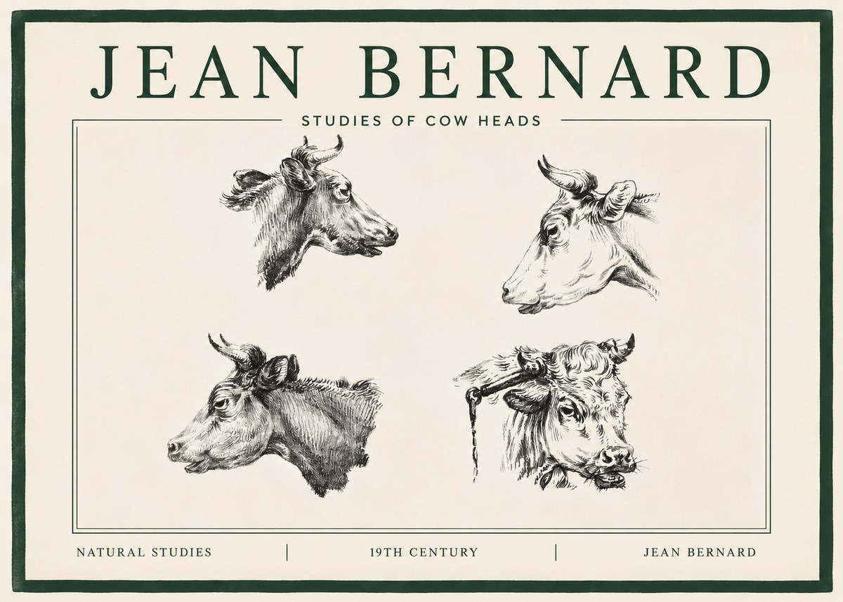 Jean Bernard Studies of Cattle - Four Heads No4 - Plakat