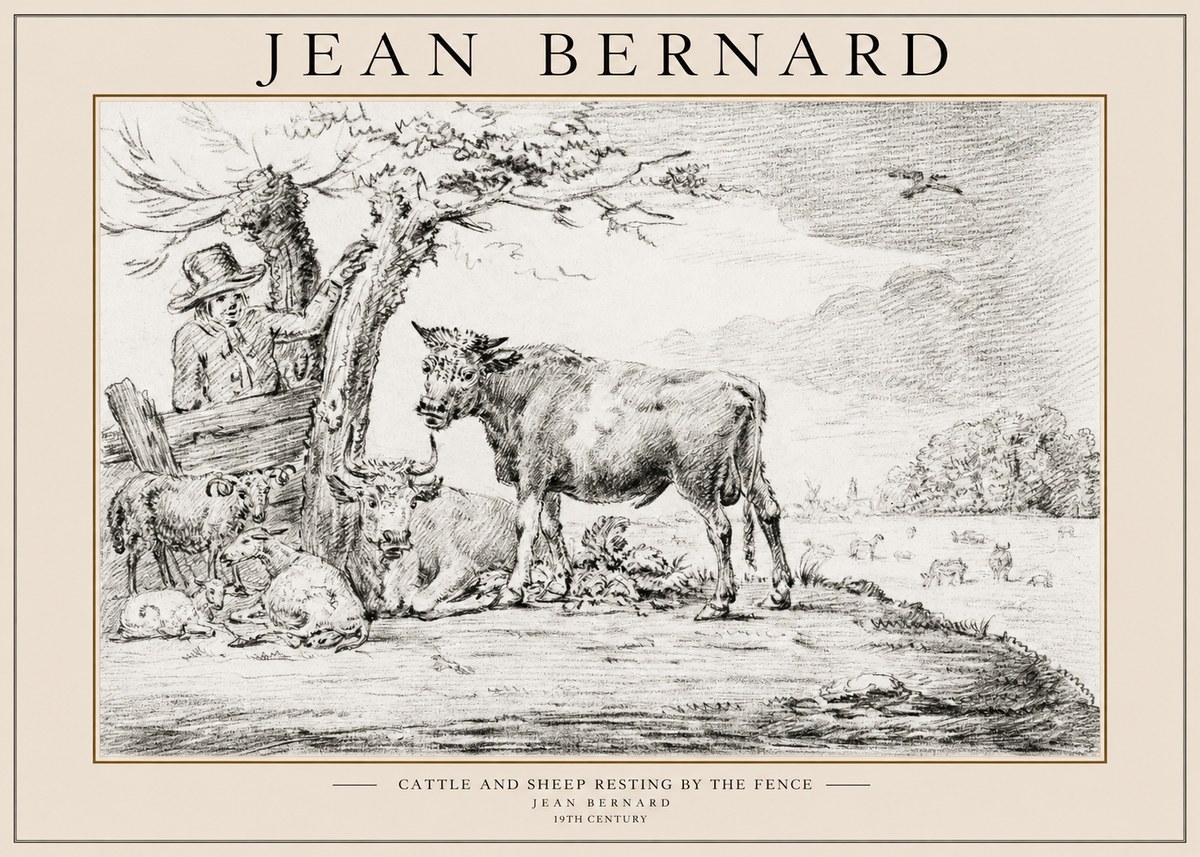 Jean Bernard Cattle and Sheep Resting by the Fence No1 - Plakat