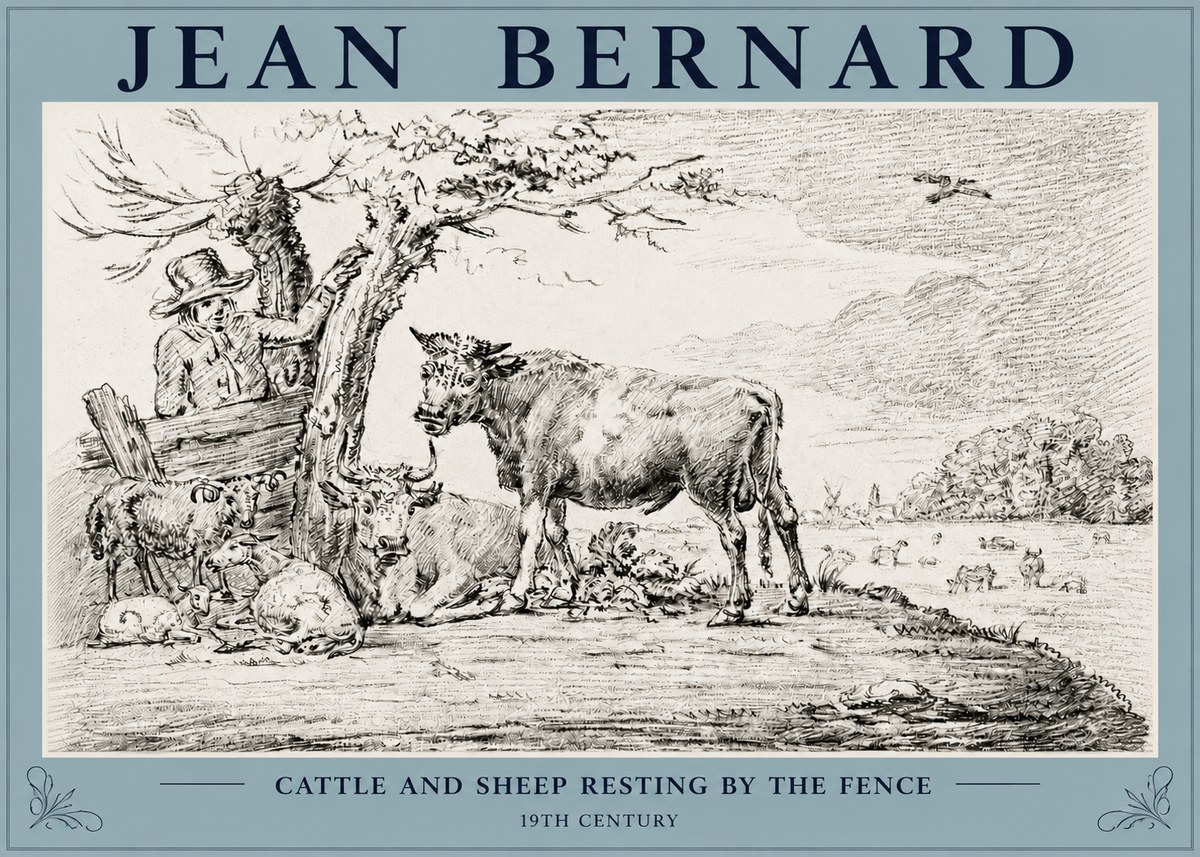 Jean Bernard Cattle and Sheep Resting by the Fence No3 - Plakat