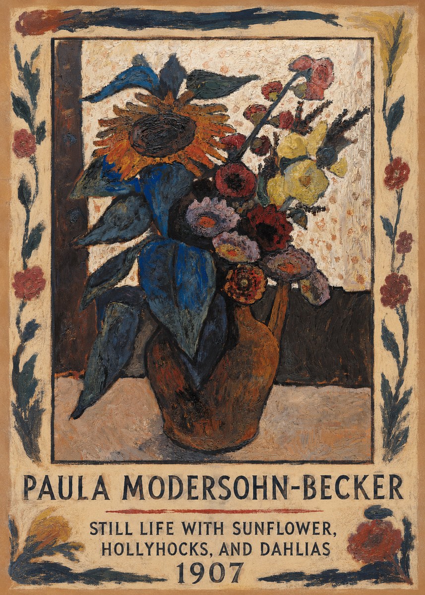 Paula Modersohn-Becker Still Life with Sunflower, Hollyhocks, and Dahlias No1 - Plakat