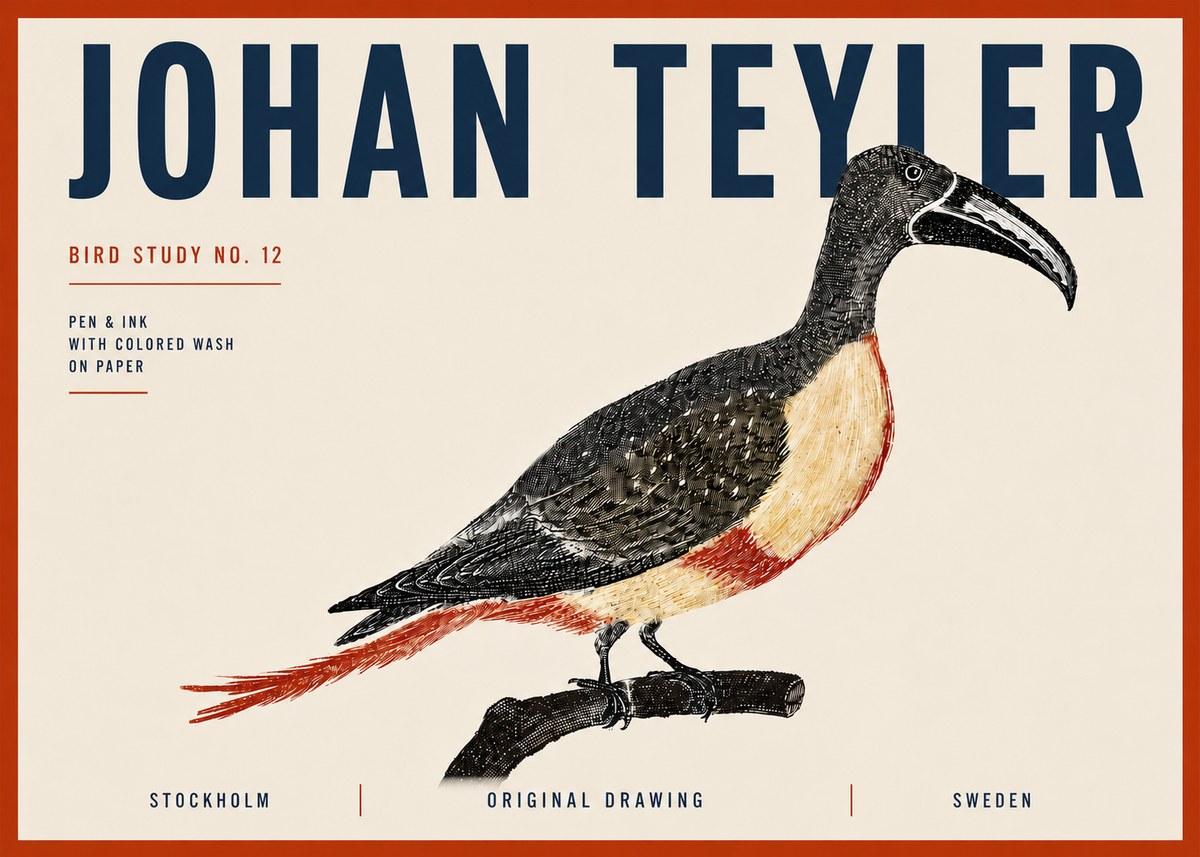 Johan Teyler Bird Study No. 12 - Original Drawing No6 - Plakat