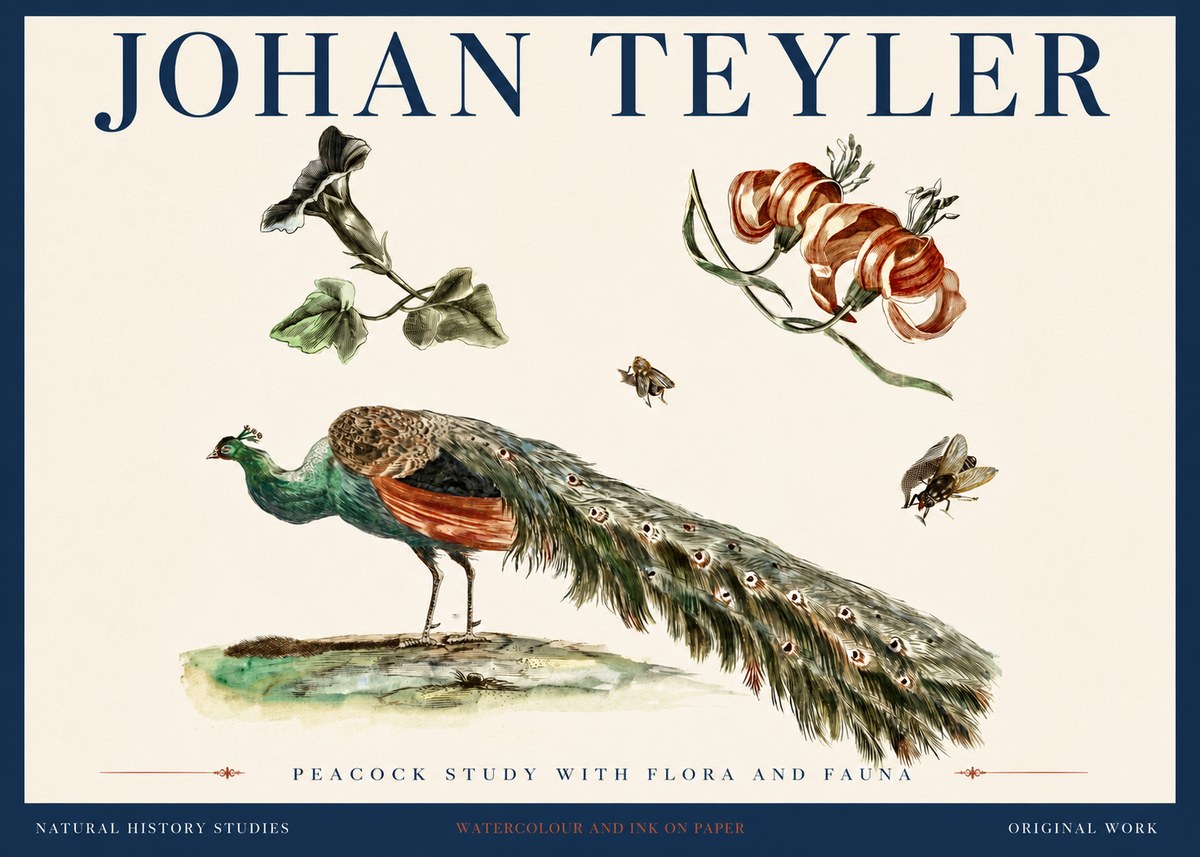 Johan Teyler Peacock Study with Flora and Fauna No4 - Plakat