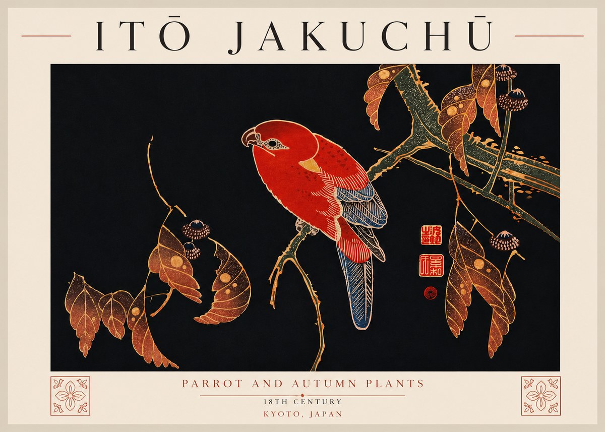 Itō Jakuchū Parrot and Autumn Plants No7 - Plakat