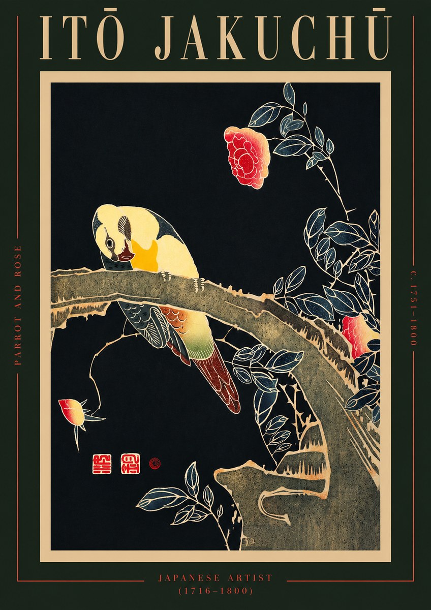 Itō Jakuchū Parrot and Rose No2 - Plakat