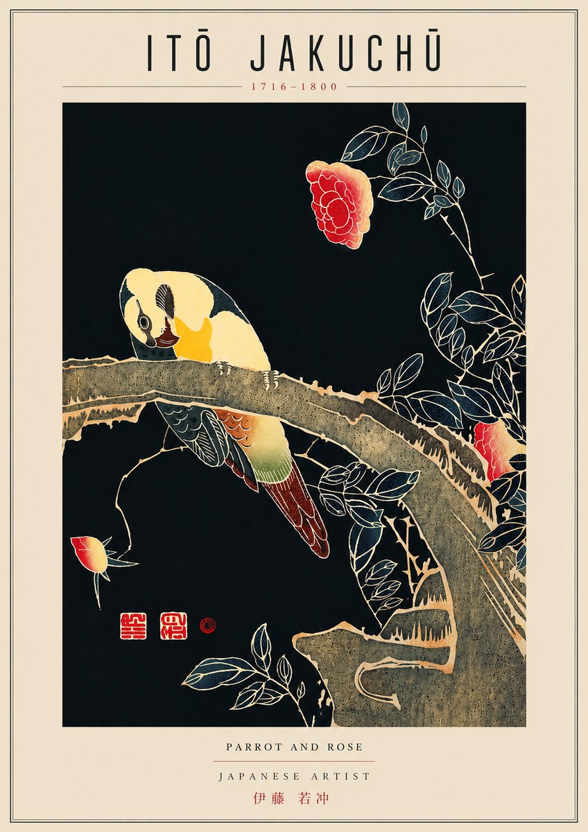 Itō Jakuchū Parrot and Rose No6 - Plakat