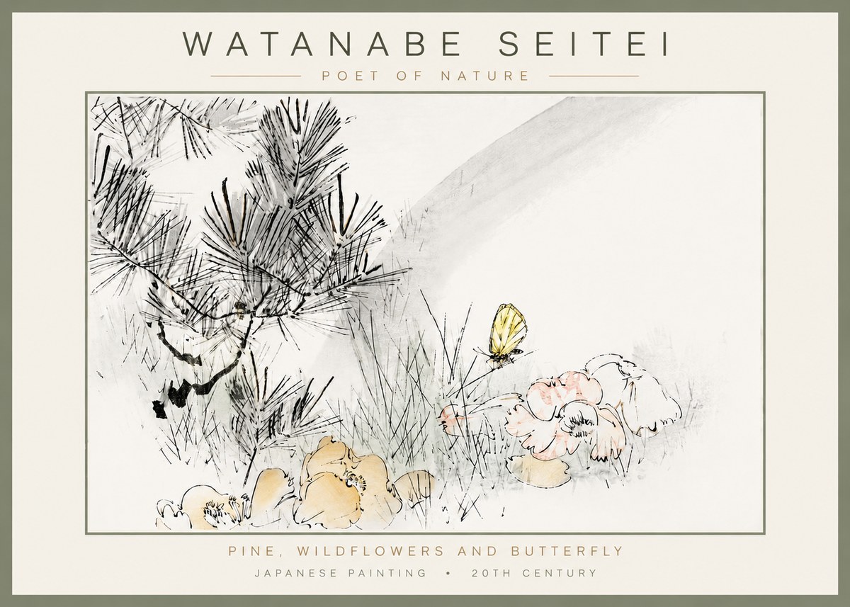 Watanabe Seitei Pine, Wildflowers and Butterfly No4 - Plakat