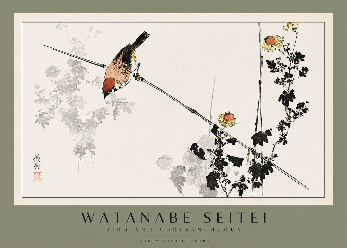 Watanabe Seitei Bird and Chrysanthemum No2 - Plakat