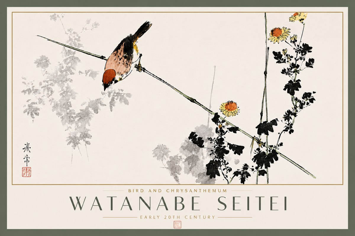 Watanabe Seitei Bird and Chrysanthemum No5 - Plakat