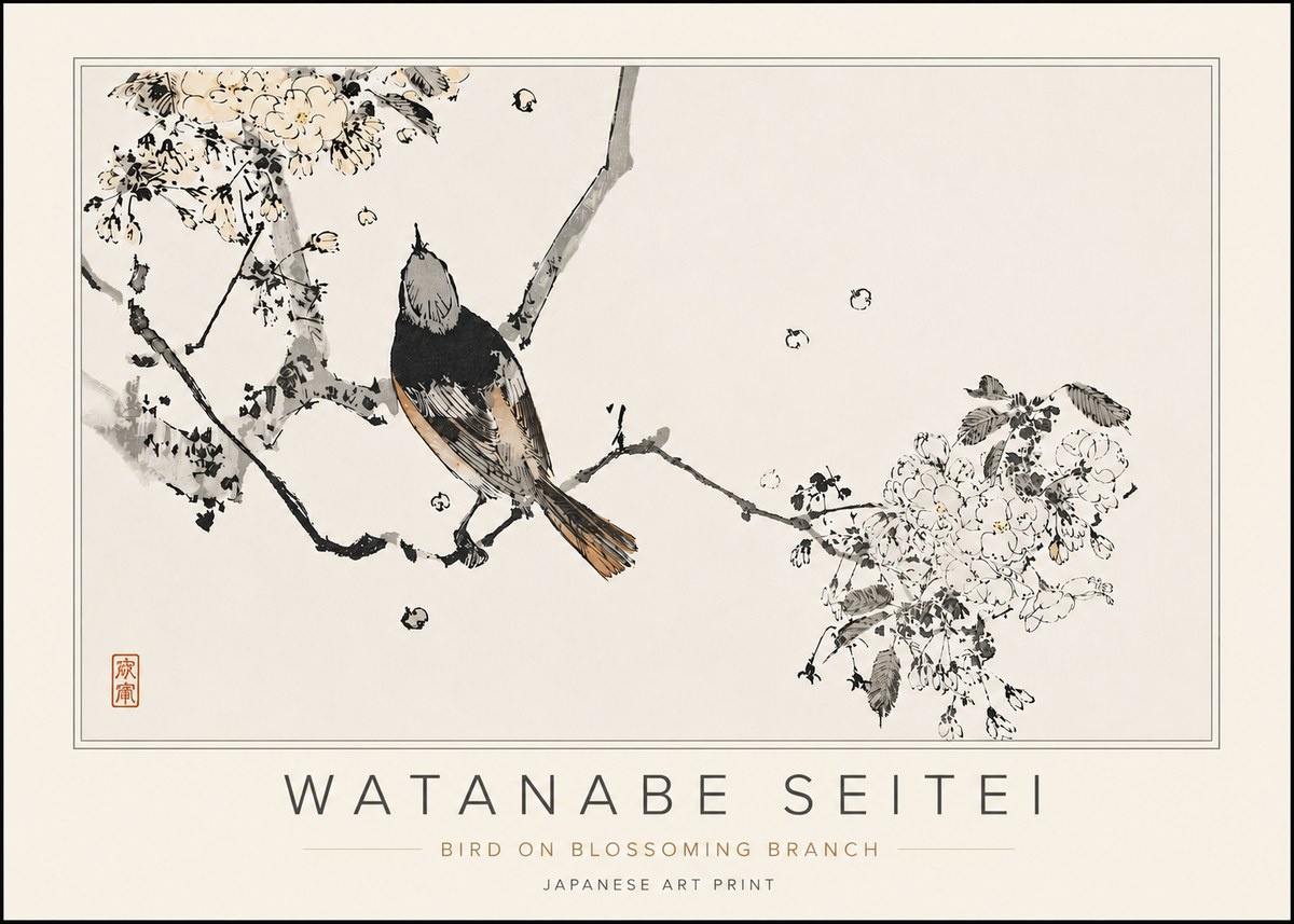 Watanabe Seitei Bird on Blossoming Branch No5 - Plakat