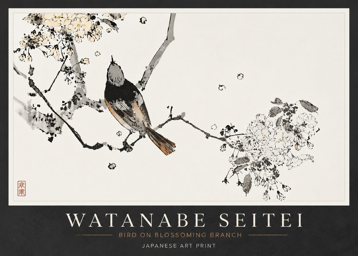 Watanabe Seitei Bird on Blossoming Branch No6 - Plakat