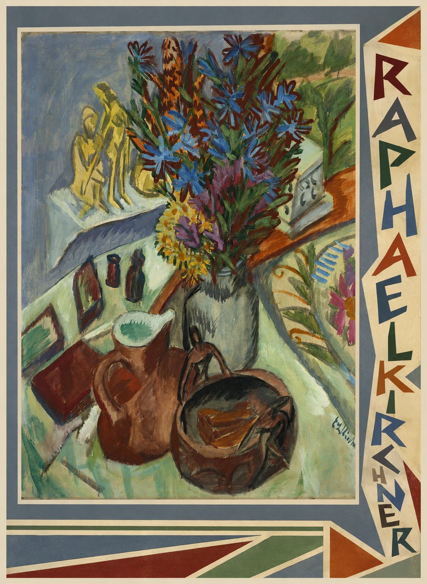 Raphael Kirchner Still Life with Blue Flowers and Figurines No2 - Plakat