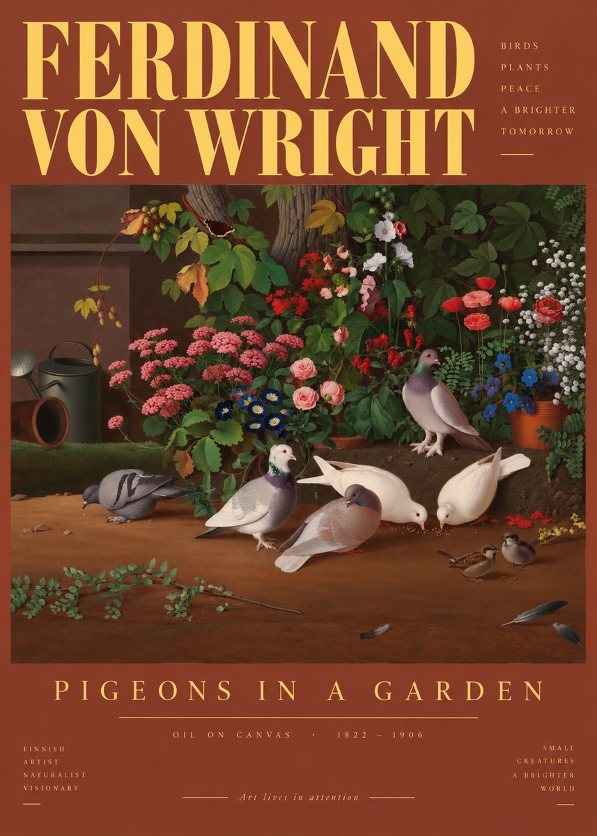 Ferdinand von Wright Pigeons and Flowers No6 - Plakat