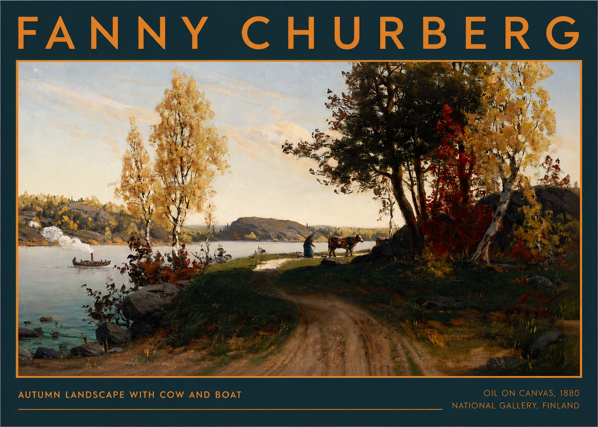 Fanny Churberg Autumn Landscape with Cow and Boat No2 - Plakat