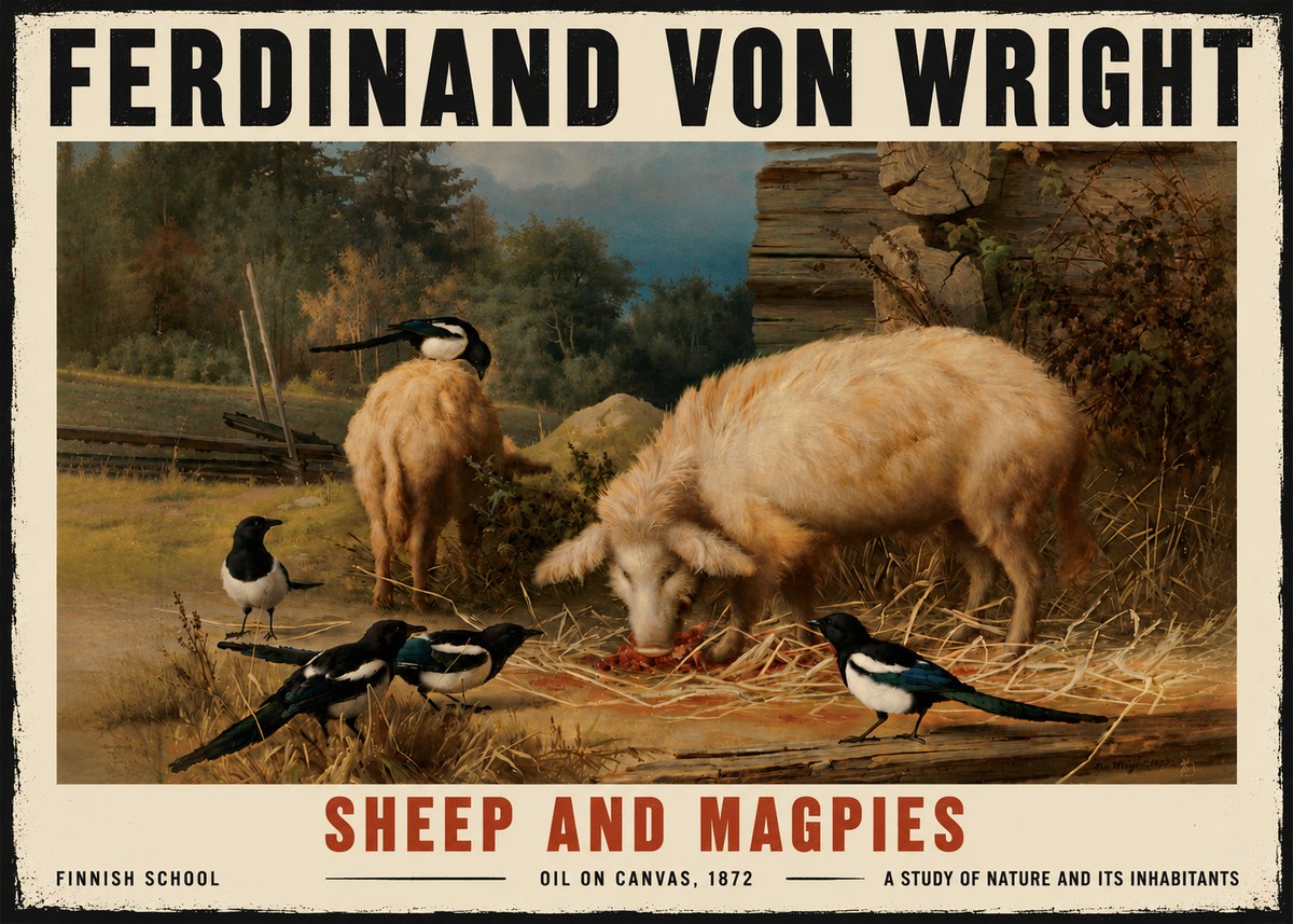 Ferdinand von Wright Sheep and Magpies No6 - Plakat
