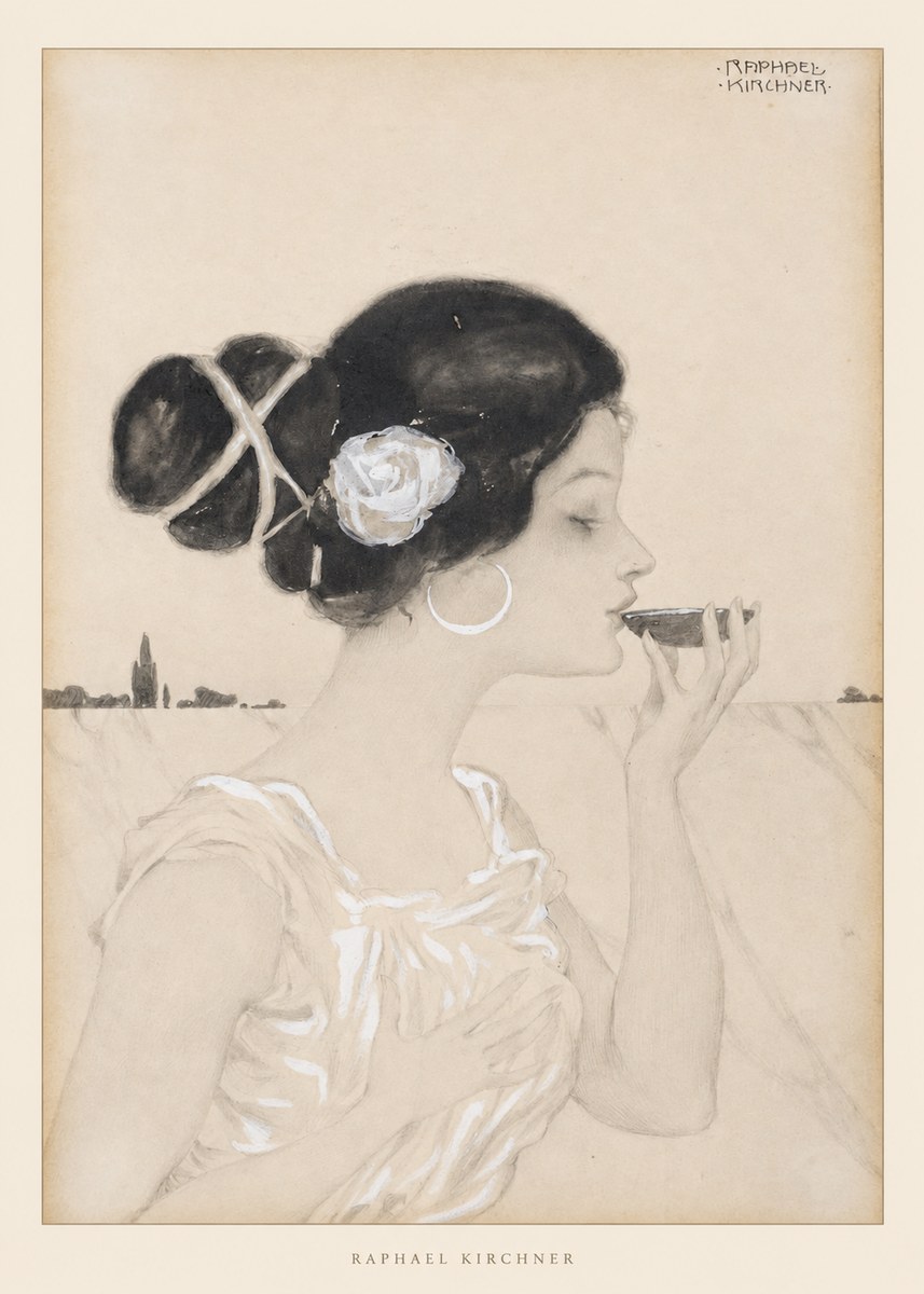 Raphael Kirchner Elegant Lady with Rose and Cup No6 - Plakat